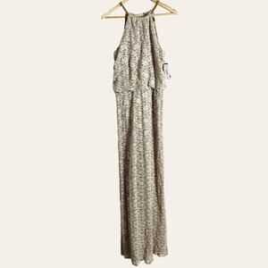R&M Richards Champagne Metallic Gold Sequin Lace Halter Formal Gown Size 6